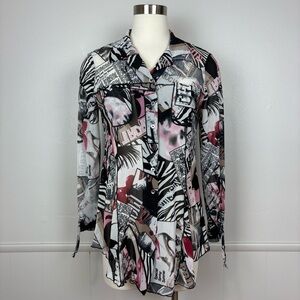 Zoe by Michael Phillips Mesh Button Front Blouse Size S Graphic Print Avant Gard